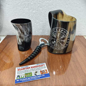 Luxury Ox Horn <b>Mug</b> And Cup With Opener Horn 3-pcs <b>Set</b> Viking-style drinking horn <b>mug</b> is made from polished Ox horn Cup opener - Product Image 3