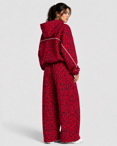 Custom Logo Women's Contrastline Red Leopard Print Tracksuit <b>Set</b> Fleece Pullover Hoodie Women's Casual Oversized Wide Leg Jogger - Product Image 2