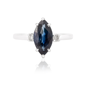14K Solid Gold Marquise Sapphire & Diamond Three Stone Ring - Product Image 2