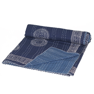 Handmade Vintage Indian Kantha Quilt Block Print Cotton <b>Bedspread</b> Reversible Fluffy Organic All-Season Bed Cover for Home Hotel - Product Image 1