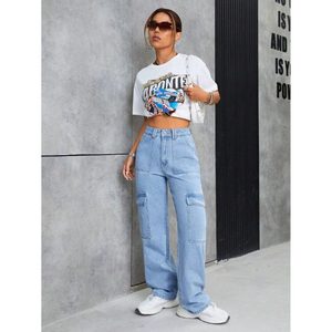 Pantalon cargo en denim ample à taille haute respirant pour femme, style rétro funky vintage bleu glace, multi-poches, taille 26-40 - Product Image 5