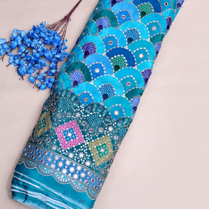 Tissu imprimé géométrique bleu aqua avec motifs miroir et bordure épaisse pour la confection de Kurtis – Vêtements ethniques de créateur - Product Image 1