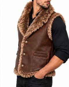 Gilet en cuir marron pour homme avec col en fourrure, double boutonnage - Product Image 4
