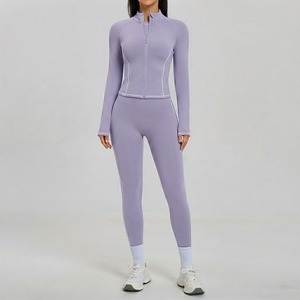 Wholesale Women Activewear Gym Set 2-Piece Ribbed <b>Long</b> Sleeve Full Zip Jacket Crop <b>Top</b> Hip-Lifting <b>Leggings</b> Fitness Yoga Solid - Product Image 4
