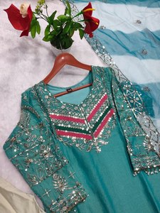 TENNECY Women's New Designer Solid Pure Heavy Viscose Satin Embroidery Sequence Work <b>Top</b>-Bottom Ankle-Length Party Dupatta Set - Product Image 6