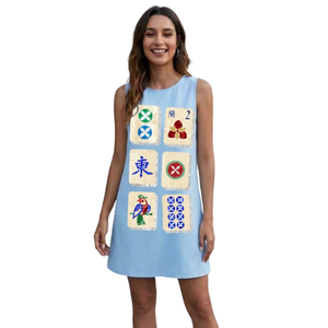 Robe Courte Sans Manches Bleu Clair en Gros avec Paillettes Mahjong, Silhouette Droite Décontractée et Respirante - Product Image 1