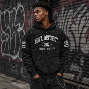 Sweat à capuche noir moucheté pour homme District, coupe oversize, style streetwear, imprimé, poche avant, en coton French Terry, pour l'automne - Product Image 1