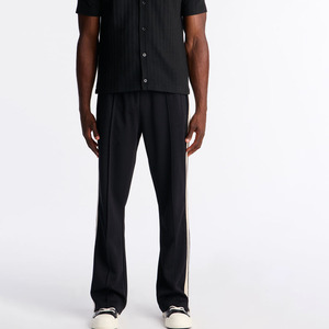 Custom Logo Men's <b>Black</b> Pleated <b>Trousers</b> With <b>White</b> Side <b>Stripes</b> Elastic Waist Casual Fit Polyester Spring Wear Fitness Pants - Product Image 1