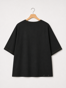 เสื้อยืดโอเวอร์ไซส์สีดำผ้าฝ้ายทรงหลวม ปักลายแบบนามธรรมด้วยมือ แขนสั้น คอกลม เสื้อเจอร์ซีย์ลำลองสำหรับผู้หญิง - Product Image 2