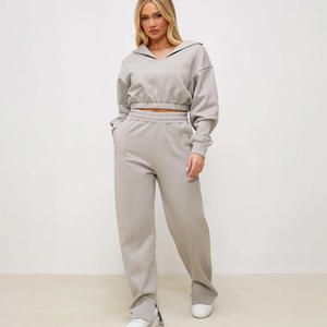 Conjunto Deportivo de Invierno para Mujer, de Alta Calidad, con Forro Polar, Secado Rápido, Cintura Elástica, Gris, Poliéster/Algodón, Sudadera con Capucha y Pantalones Jogger, Ropa Deportiva Urbana - Product Image 1