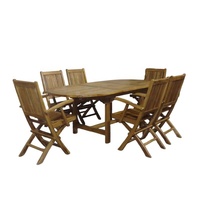 Parasol contemporain pour terrasse, table de café extérieure en teck, mobilier de jardin en teck, table à manger extensible en bois et six chaises pliantes