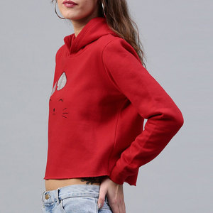 BIG TEN APPAREL Women's <b>Red</b> Hooded Fleece Crop Sweatshirt Polyester/Cotton Blend Breathable Eco-Friendly Full Sleeve - Product Image 3