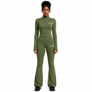 Conjunto de yoga para mujer ODM: Chaqueta corta con cremallera de manga larga y leggings acampanados de cintura alta para gimnasio, entrenamiento, ropa deportiva, correr al aire libre - Product Image 1