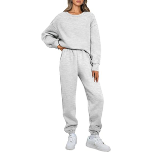 Conjunto de Sudadera Gris de 2 Piezas para Mujer, Cuello Redondo, Manga Larga, Corte Holgado, Color Sólido, Pantalones y Top de Algodón Tejido de Longitud Completa - Product Image 6