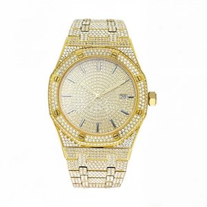 Montre en quartz Moissanite Iced Out, bracelet en acier inoxydable doré, jour et date, étanche pour homme - Product Image 1