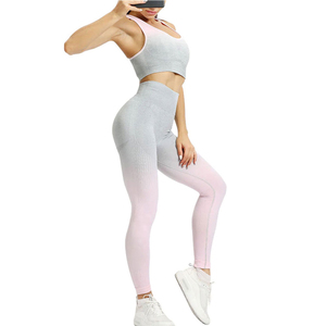 Women Yoga Set High Waist <b>Leggings</b> Square Neck Racerback <b>Crop</b> Top Full Length Seamless Ribbed 2 Piece Gray Pink Breathable Front - Product Image 1