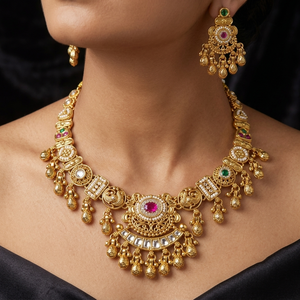 Traditional Antique Finish Gold Brass Artificial Floral Ethnic Necklace Set Matching Drop Earrings for Women Wedding Party - Product Image 2
