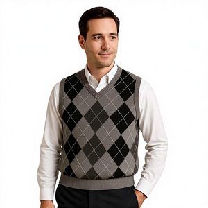 เสื้อกั๊กถักลายอาร์ไกล์บล็อกสีสำหรับผู้ชาย คอวี แขนกุด สไตล์เรโทรพรีปปี้ เสื้อถักกอล์ฟ ขายส่งแบบ OEM - Product Image 1