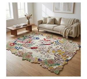 Alfombra de lana de alta gama con diseño floral y de aves tallado a mano, estilo Chinoiserie, con borde ondulado, en venta al por mayor. - Product Image 3