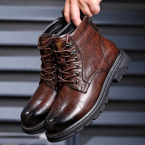Calzado de Cuero 100% Genuino de Bangladesh, Botines con Cordones, Punta Redonda, Suela de Goma Antideslizante, Forro de Felpa para Invierno, Zapatos Robustos - Product Image 3