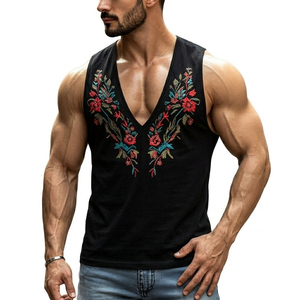 Débardeur Homme Personnalisé Brodé Col V Profond Style Musculaire Sans Manches Tendance Streetwear Décontracté Prix de Gros - Product Image 4