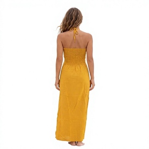 Robe longue jaune à bretelles croisées, coupe fourreau fendue, taille haute, sans manches, en rayonne tissée de couleur unie, style décontracté pour les vacances d'été - Product Image 6