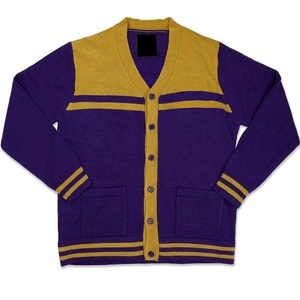 Cárdigan de Punto Casual para Hombre, Color Morado Dorado Sólido, Transpirable, con Cierre de Botones Cubiertos, Manga Larga, Decoración Bordada, 100% - Product Image 1