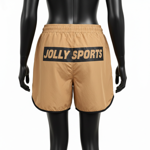 Shorts coupe-vent pour femmes en polyester beige et noir avec panneaux latéraux, broderie personnalisée, logo par transfert thermique - Product Image 2