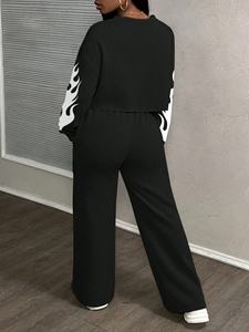 Women's Winter Eco-Friendly Hooded Casual Distressed Embroidery Patch Acid Washed Cropped Long Sleeve Full Length <b>Jogger</b> Set - Product Image 3