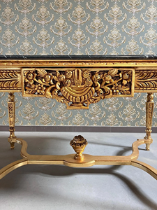 Traditional 6 Piece <b>Dining</b> Room Set Marble Top <b>Gold</b> Gilded <b>Chairs</b> Green Upholstery Antique Style Furniture - Product Image 5