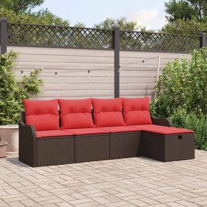 Juego de sofás de jardín de ratán sintético marrón y rojo de 5 piezas con cojines - Product Image 1