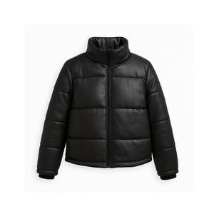 Veste matelassée en PU noir, col montant, fermeture éclair, coupe-vent, manteau d'hiver court, style décontracté, unisexe - Product Image 1