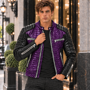 Veste de motard en cuir gaufré violet et noir respirante pour homme, doublure en soie, style streetwear hiver, personnalisable OEM, vente en gros - Product Image 1