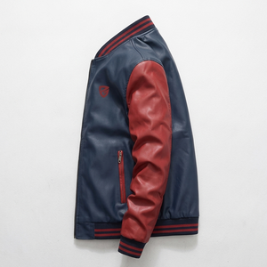 Veste de baseball Varsity pour homme, bleu marine et rouge, en cuir PU, doublée de polaire, avec col côtelé et poches zippées - Product Image 3