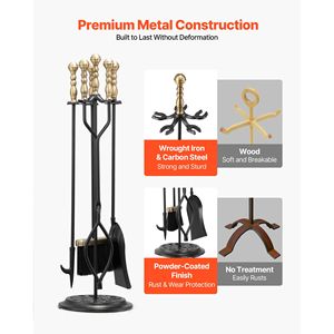 5 PCS <b>Fire</b> <b>Tool</b> <b>Set</b> Holder Five Prong Stand Includes Tongs Ash Shovel Brush <b>Fire</b> Place Poker Wrought Iron Fireplaces Accessories - Product Image 3