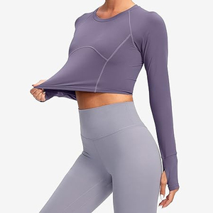 Custom Logo Womens Breathable Seamless Long <b>Sleeve</b> Compression <b>Crop</b> <b>Top</b> High Neck Athletic Fitness Workout Shirt Yoga Running - Product Image 4