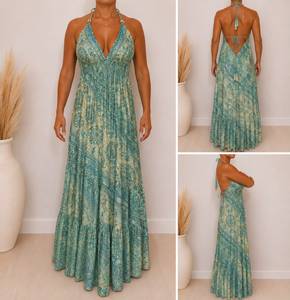 Attractive Light Blue <b>Halter</b> Neck Boho Silk, Polysilk 100% Handmade Maxi <b>Dress</b> Tiered Paisley Print <b>Backless</b> Sundress For Women - Product Image 1