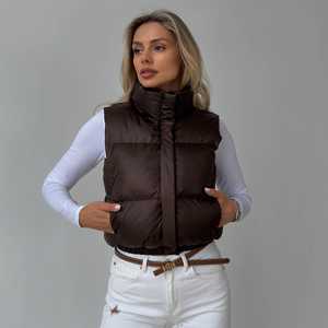 Colección GRACE: Chaleco Acolchado para Mujer, Color Marrón Denim, Chaqueta sin Mangas para Otoño, Color Sólido, Cálido, Tejido Estándar, con Capucha y Cierre - Product Image 1