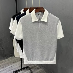 Chemise décontractée pour homme en molleton 100 % coton écologique noir à manches courtes, col contrastant, fermeture éclair sur le devant, coupe classique, idéale pour l'été - Product Image 3