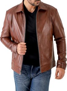 Chaqueta de Motociclista de Cuero Marrón para Hombre, Cuello Camisero, Cierre de Cremallera, Corte Regular, para Otoño - Product Image 3