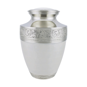 Elegant White Brass Adult Cremation Urn Hand-<b>tooled</b> Silver <b>Engraving</b> Funeral Memorial Container With Threaded Lid Good Price - Product Image 1