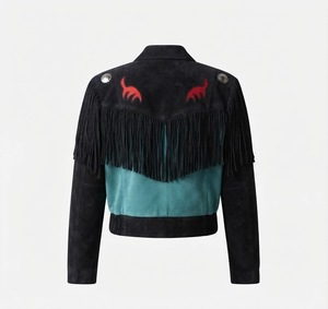 Chaqueta Bomber Negra de Gamuza con Flecos y Diseño Bordado, Manga Larga, Cuello Camisero, Corta, para Mujer, Otoño - Product Image 4