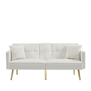 Divano Letto Futon in Velluto Bianco Crema con Gambe in Metallo Dorato, Elegante e Raffinato - Product Image 3