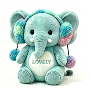 Peluche de elefante bordado personalizado, orejeras de peluche de elefante en degradado rosa-azul verdoso, orejeras de peluche de elefante con pompón en degradado y vientre blanco. - Product Image 1
