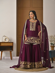 Conjunto de Kurti de seda Fendy con bordado elaborado, pantalón Sharara forrado y dupatta a juego con borde de encaje para mujer NG 4013 - Product Image 3