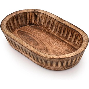 Cuenco decorativo de madera hecho a mano, tallado con diseño tradicional chino, acabado natural sin recubrimiento, para servir comida y regalar. - Product Image 4