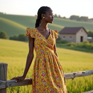 Vestido cruzado de manga de aleteo amarillo de algodón con diseño floral para mujer con un estilo diario elevado - Product Image 2