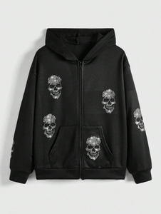 Unisex <b>Black</b> Hooded Zip-Up <b>Sweatshirt</b> with Solid Eco-Friendly Denim Fabric Oversized Winter Casual - Product Image 4