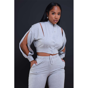Ensemble deux pièces gris pour femme, col mandarin, taille haute, tricoté, décontracté, style urbain, toutes saisons, couleur unie, manches bouffantes - Product Image 2