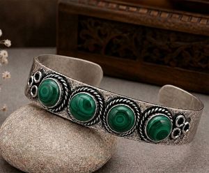 Malachite Aura Hydro Stone Four Stone Wide <b>Cuff</b> Bangle Handmade Brass Vintage <b>Silver</b>/Gold Plated Unisex Statement Fashion - Product Image 6